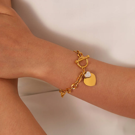 T-Bar Pavé Hearts Chain Bracelet, 18K Gold Plated Steel