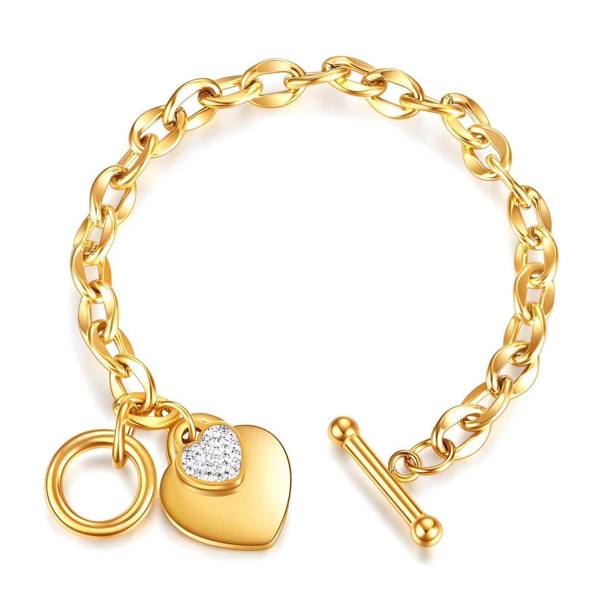 T-Bar Pavé Hearts Chain Bracelet, 18K Gold Plated Steel