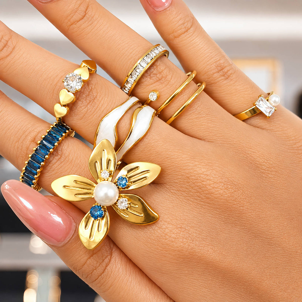 Pearl Flower Open Ring